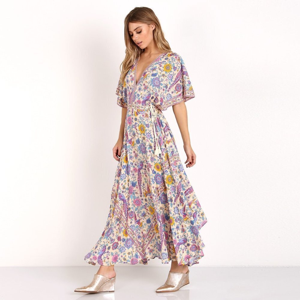 Spell  & The Gypsy Romantic Flounce Lovebird Half Moon Gown Chamomile XS b159